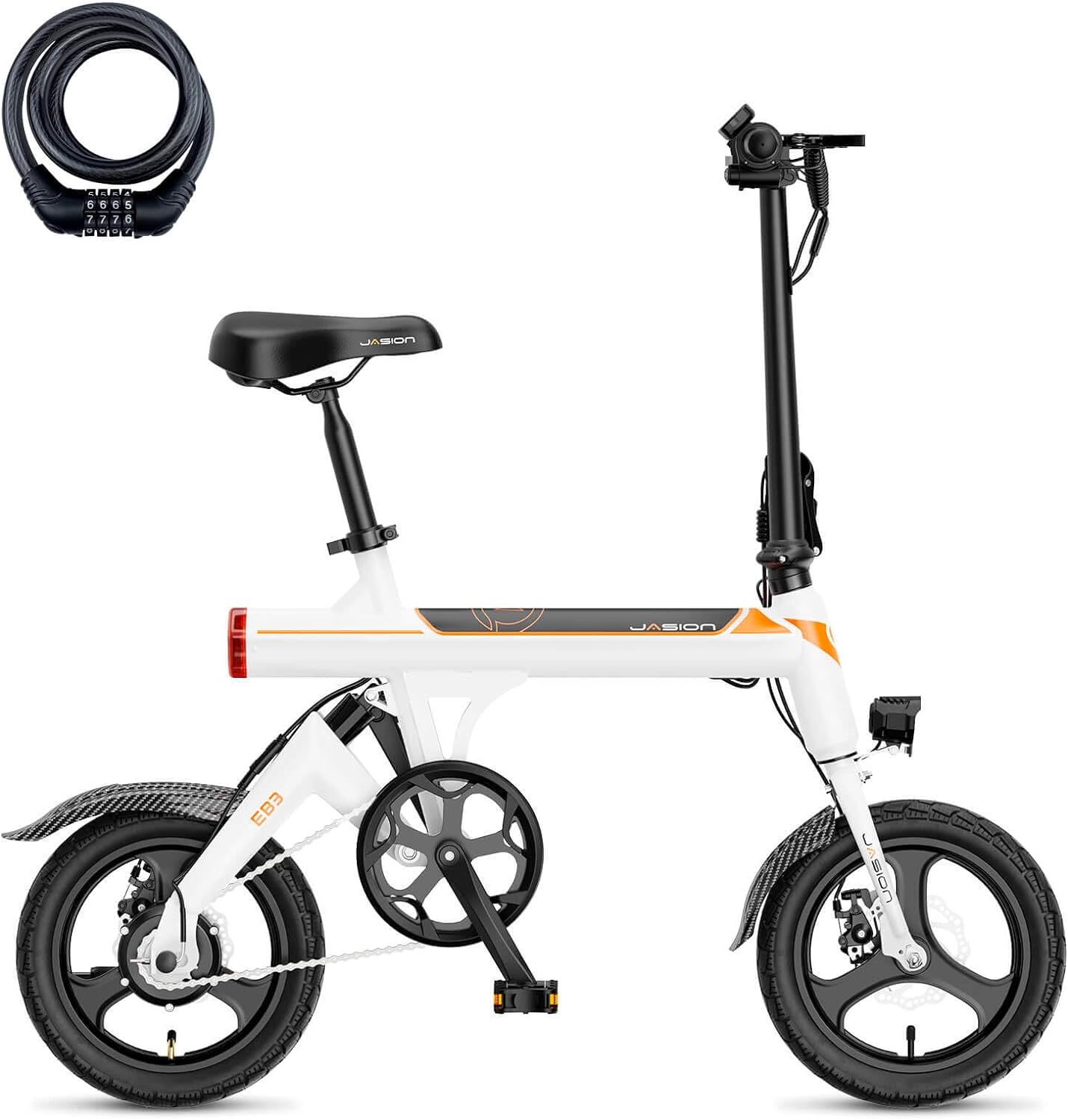 Jasion EB3 Electric Bike Adults 21mph, 500W Peak Motor, 270Wh Battery, Rear Suspension, 3 Levels Assist, 14′′ Folding Ebike for Adults and Teens, Complies to UL2849