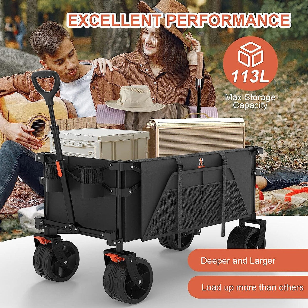 Navatiee Collapsible Folding Wagon Beach Wagon Cart Heavy Duty Foldable with Big Wheels Utility Grocery Wagon with Side Pocket and Brakes for Camping Garden Sports T1