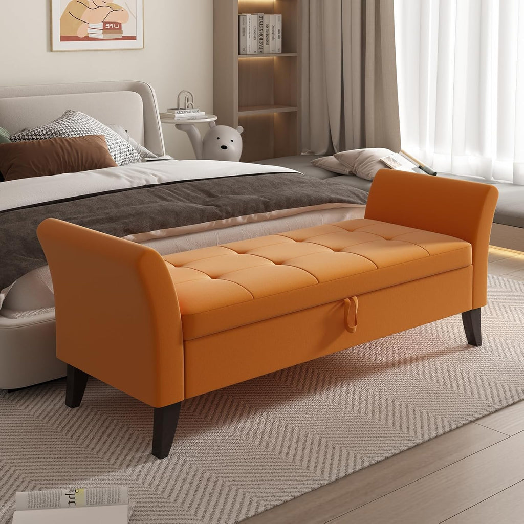 Furniliving Modern Storage Ottoman Bench, Sherpa Ottoman End of Bed Bench with Solid Wood Legs Upholstered Ottoman Benches with Storage Indoor Bench for Living Room with Rolled Arm, Entryway, White