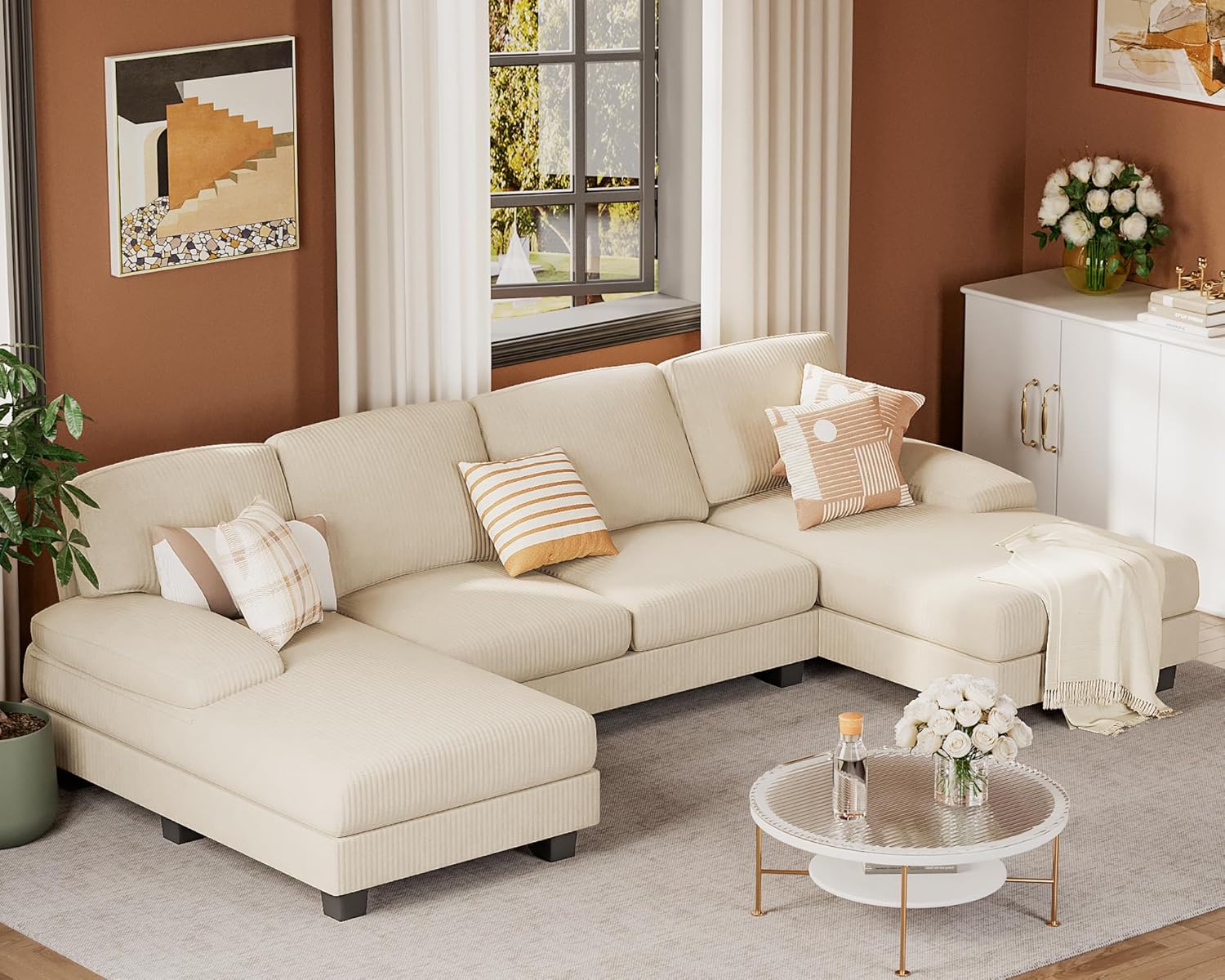 JUMMICO Sectional Couches for Living Room, U Shaped Couch with Chenille Fabric, 4 Seat Modern Sofa with Removable Pillows for Apartment and Small Space (Fabric, Grey)