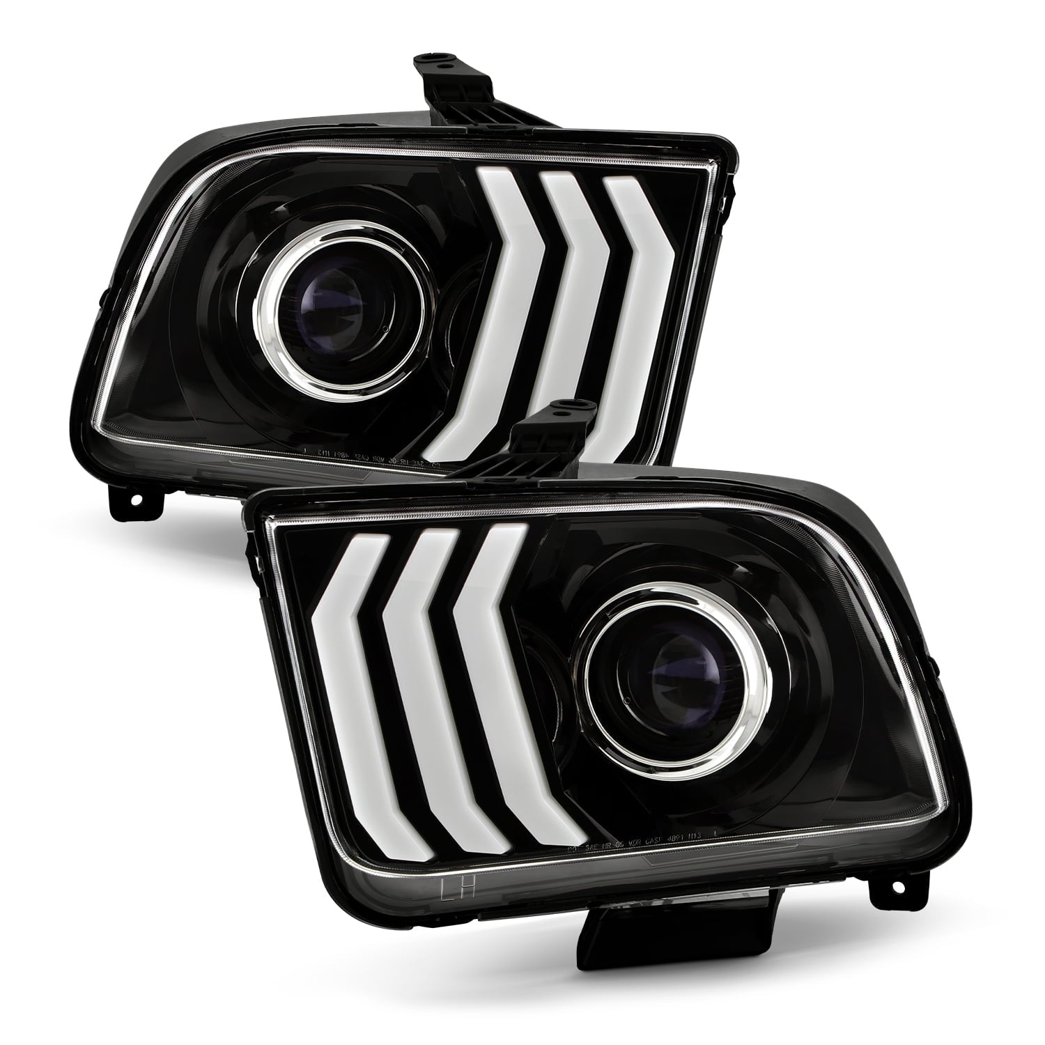 AKKON - Fits 2005-2009 Ford Mustang LED Tube DRL Parking [Halogen Type] Projector Black Headlights Pair Driver+Passenger