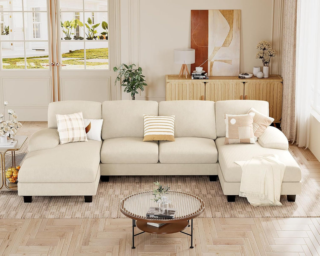 JUMMICO Sectional Couches for Living Room, U Shaped Couch with Chenille Fabric, 4 Seat Modern Sofa with Removable Pillows for Apartment and Small Space (Fabric, Grey)