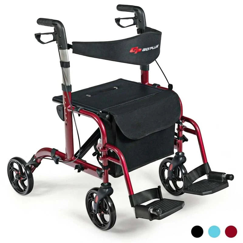 2 In 1 Rollator Walker Wheelchair Folding Medical Walker Aluminum Transport Chair Mobility Walking Aid - Comfortable And Ergonomic Design