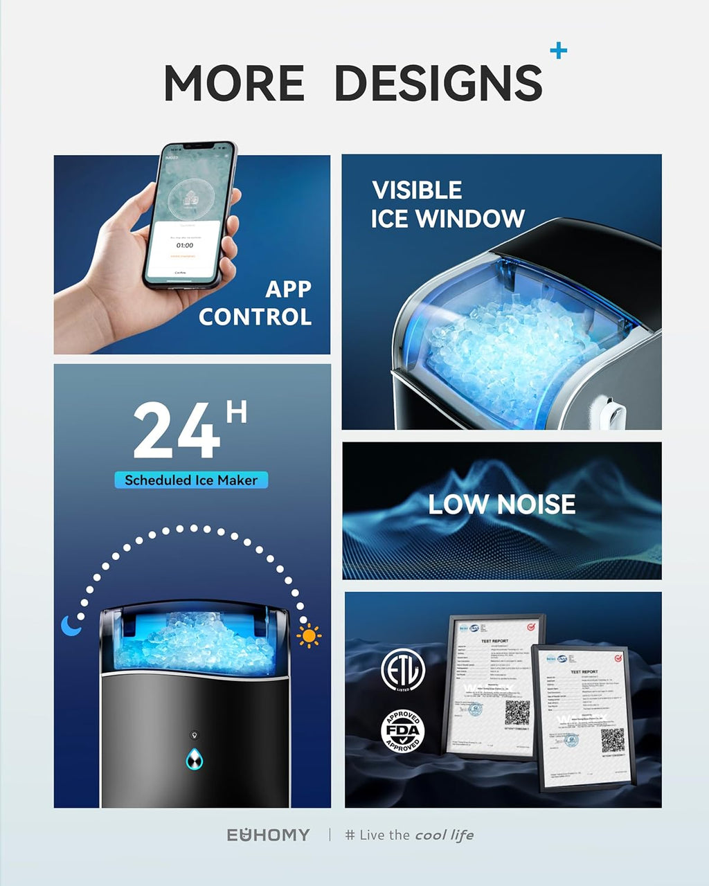 EUHOMY Smart Nugget Ice Maker, 40lbs/Day, APP Control, Countertop