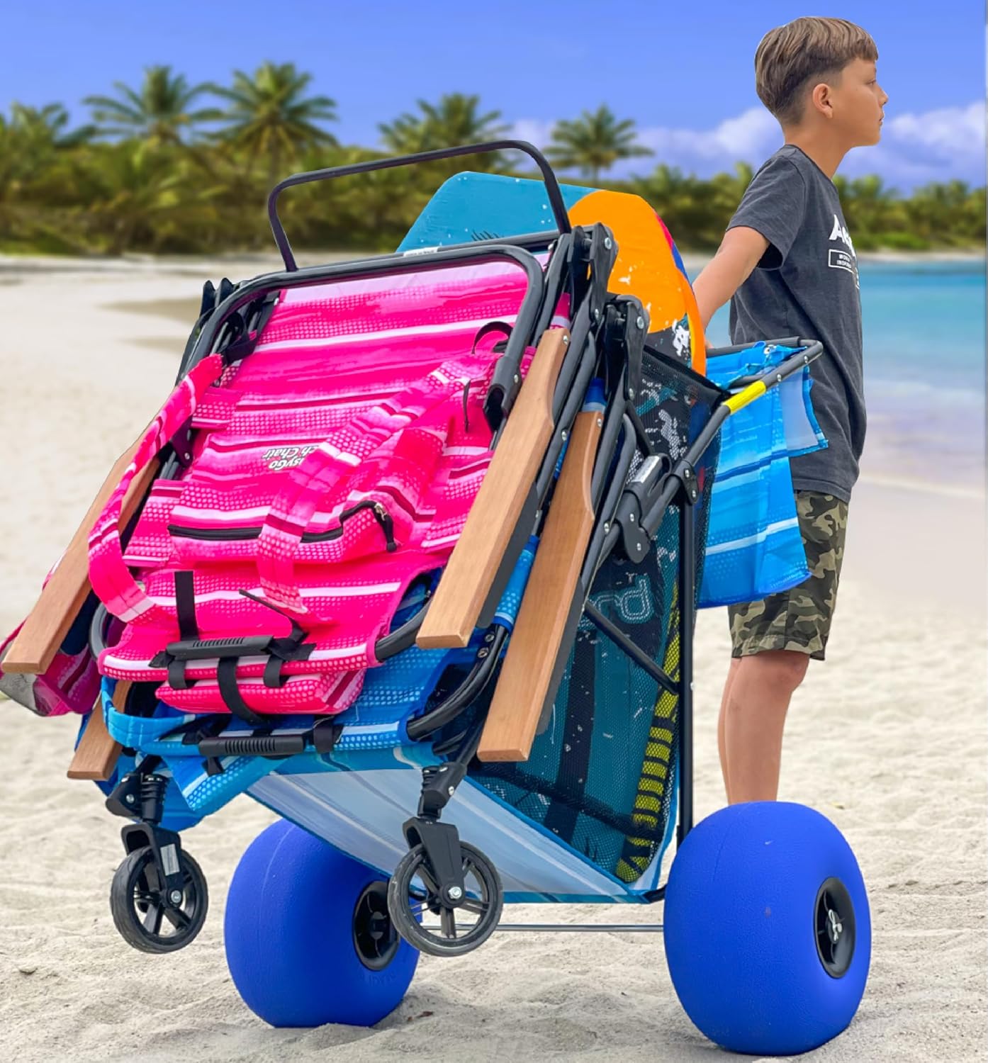 Beach Cart Deluxe - Heavy Duty Folding Utility Wagon with 13" Balloon Wheels, Removable Bag, Blue Striped, Holds 4 Chairs & Umbrella