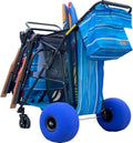 Beach Cart Deluxe - Heavy Duty Folding Utility Wagon with 13" Balloon Wheels, Removable Bag, Blue Striped, Holds 4 Chairs & Umbrella