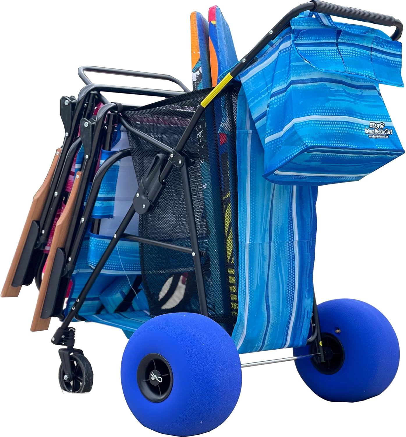 Beach Cart Deluxe - Heavy Duty Folding Utility Wagon with 13" Balloon Wheels, Removable Bag, Blue Striped, Holds 4 Chairs & Umbrella