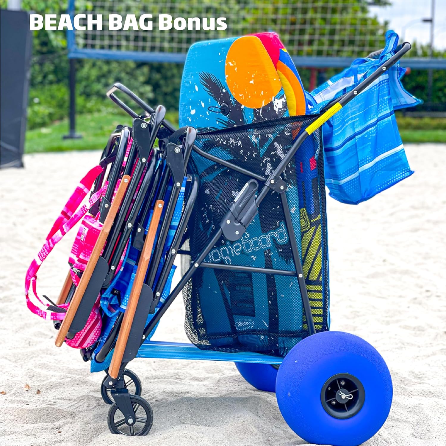 Beach Cart Deluxe - Heavy Duty Folding Utility Wagon with 13" Balloon Wheels, Removable Bag, Blue Striped, Holds 4 Chairs & Umbrella