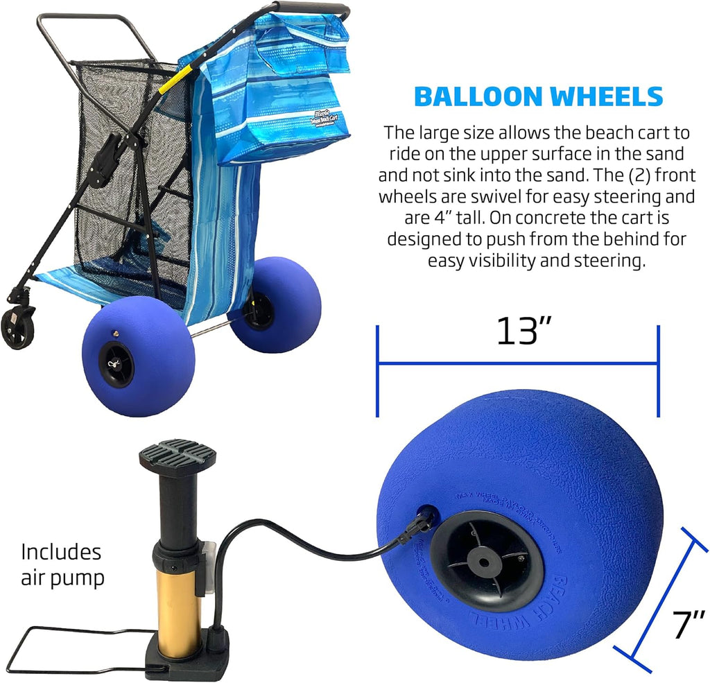 Beach Cart Deluxe - Heavy Duty Folding Utility Wagon with 13" Balloon Wheels, Removable Bag, Blue Striped, Holds 4 Chairs & Umbrella