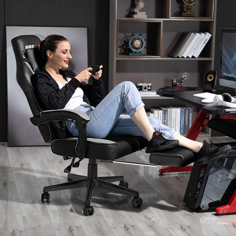 BOSSIN Ergonomic Gaming Chair with Footrest, Headrest, Lumbar Support, PU Leather, 300 lbs Capacity, Reclines 90-155Â°