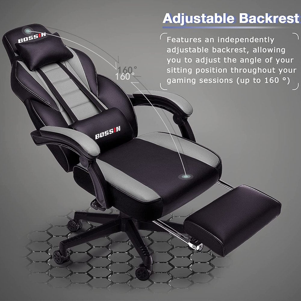 BOSSIN Ergonomic Gaming Chair with Footrest, Headrest, Lumbar Support, PU Leather, 300 lbs Capacity, Reclines 90-155Â°