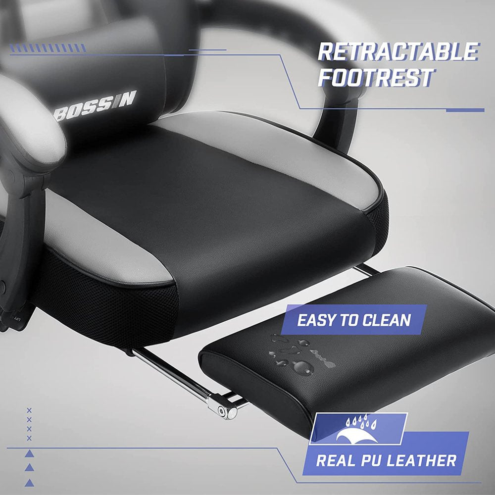 BOSSIN Ergonomic Gaming Chair with Footrest, Headrest, Lumbar Support, PU Leather, 300 lbs Capacity, Reclines 90-155Â°