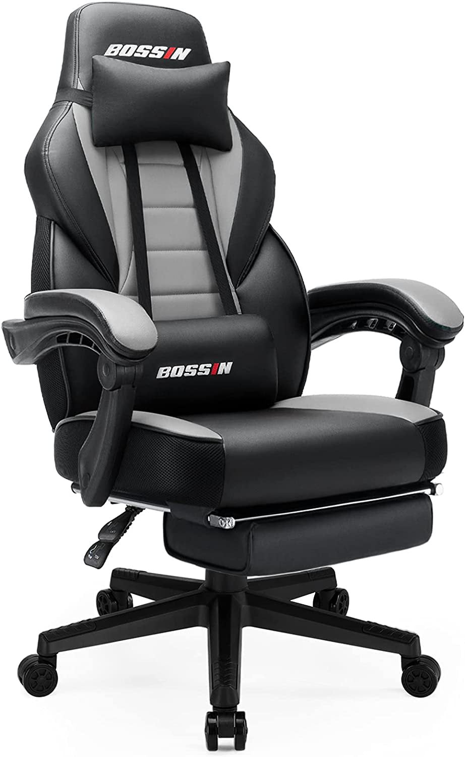 BOSSIN Ergonomic Gaming Chair with Footrest, Headrest, Lumbar Support, PU Leather, 300 lbs Capacity, Reclines 90-155Â°
