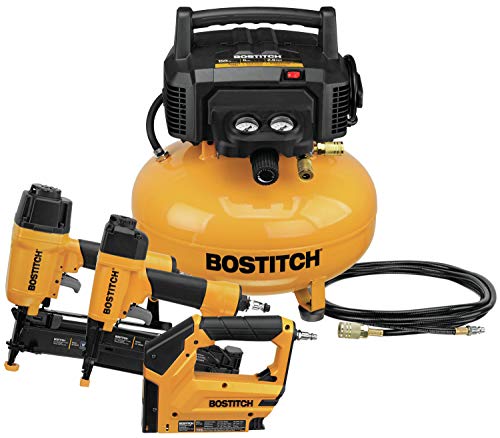 BOSTITCH BTFP3KIT 6-Gallon Air Compressor Combo Kit with 3 Tools, 18GA Brad Nailer, 16GA Finish Nailer, Crown Stapler, Yellow