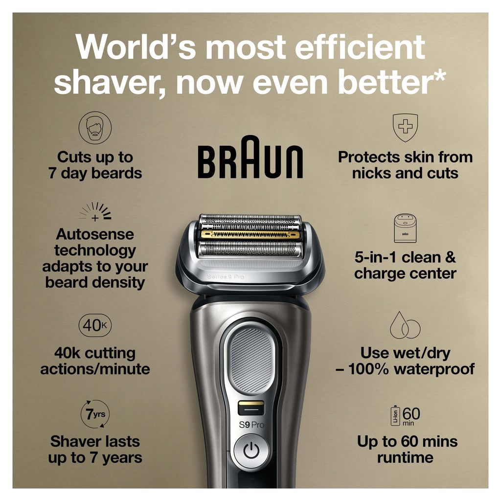 Braun Series 9 Pro 9465cc Men's Wet Dry Electric Shaver with Clean Station, Noble Metal