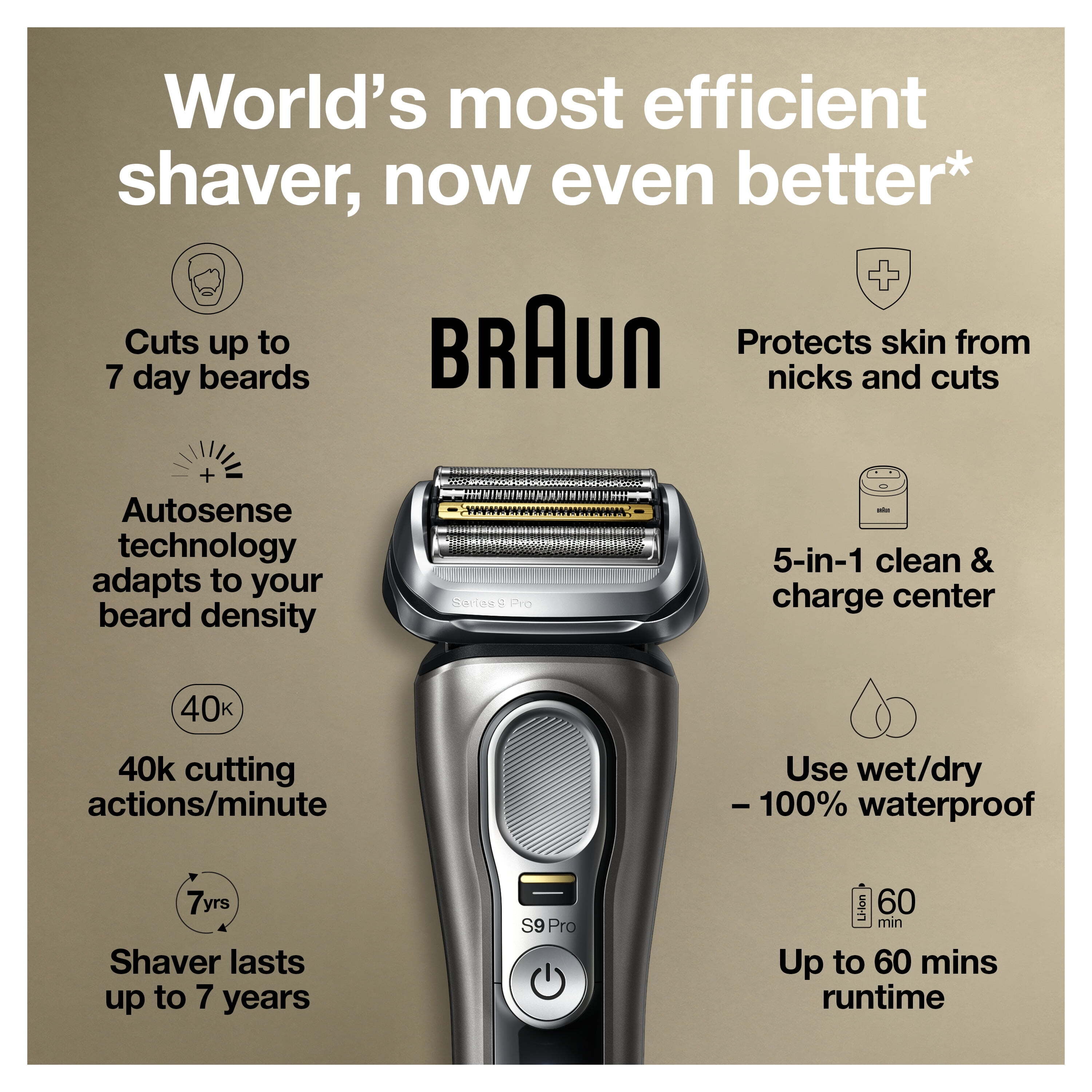 Braun Series 9 Pro 9465cc Men's Wet Dry Electric Shaver with Clean Station, Noble Metal