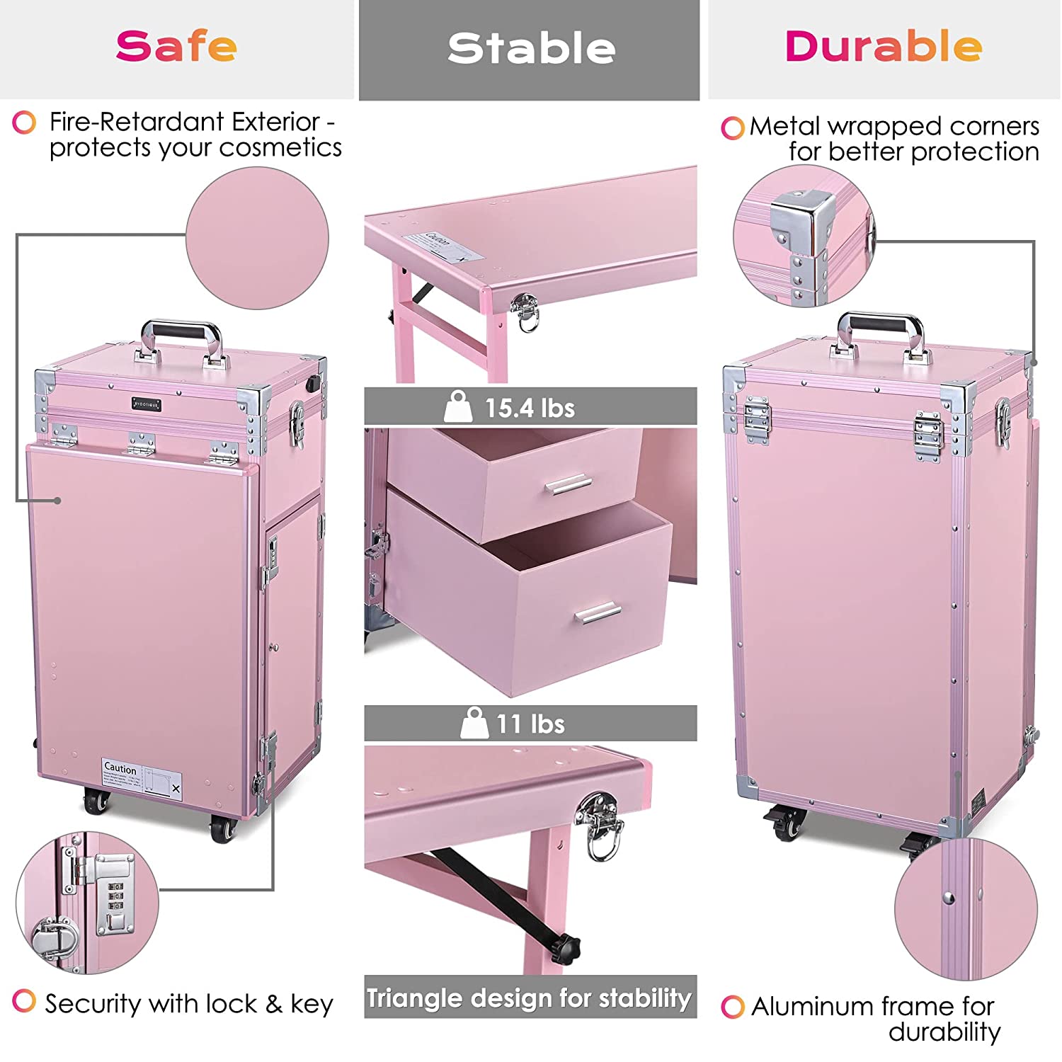 Byootique Portable Makeup Workstation - Pink Rolling Nail Desk with Mirror, 4 Drawers, Bluetooth Speakers, USB Charging, Secure Aluminum Frame