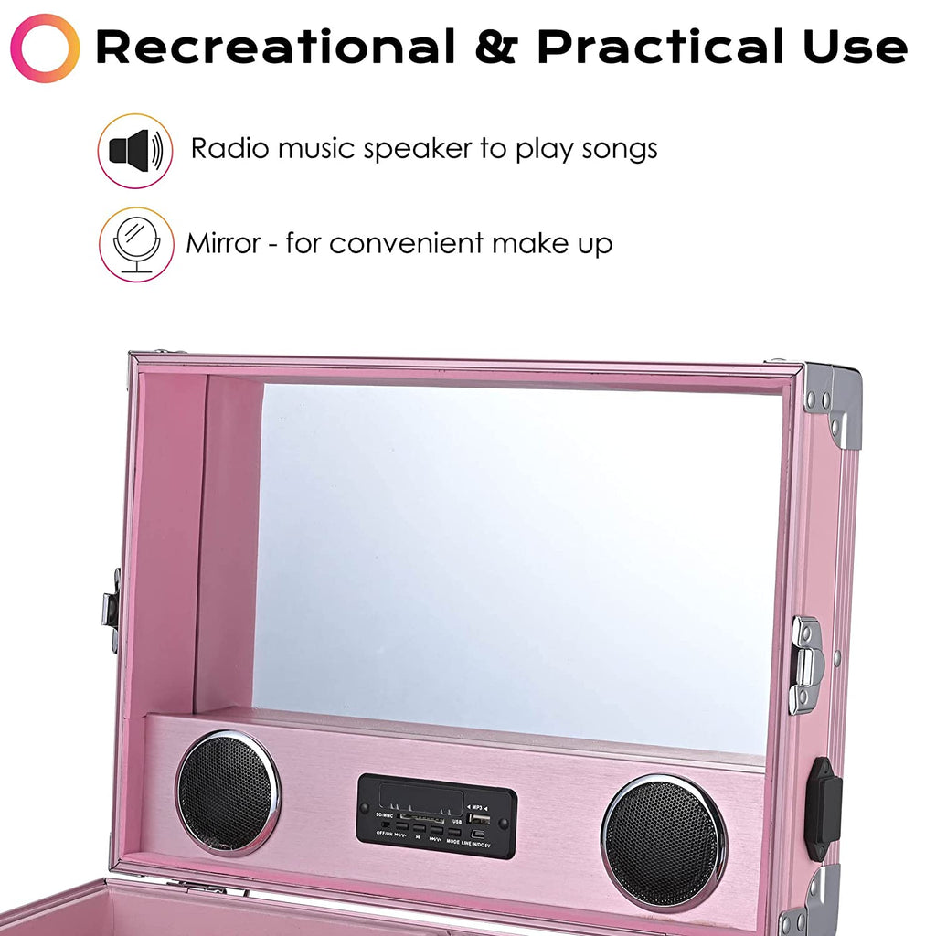 Byootique Portable Makeup Workstation - Pink Rolling Nail Desk with Mirror, 4 Drawers, Bluetooth Speakers, USB Charging, Secure Aluminum Frame