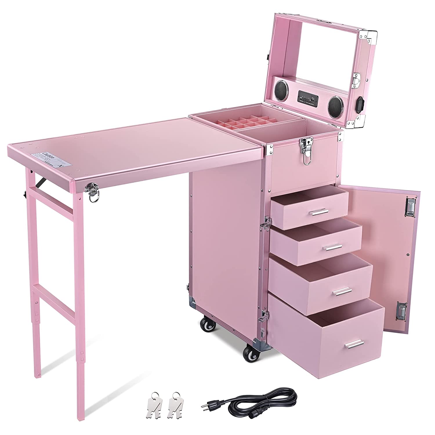 Byootique Portable Makeup Workstation - Pink Rolling Nail Desk with Mirror, 4 Drawers, Bluetooth Speakers, USB Charging, Secure Aluminum Frame