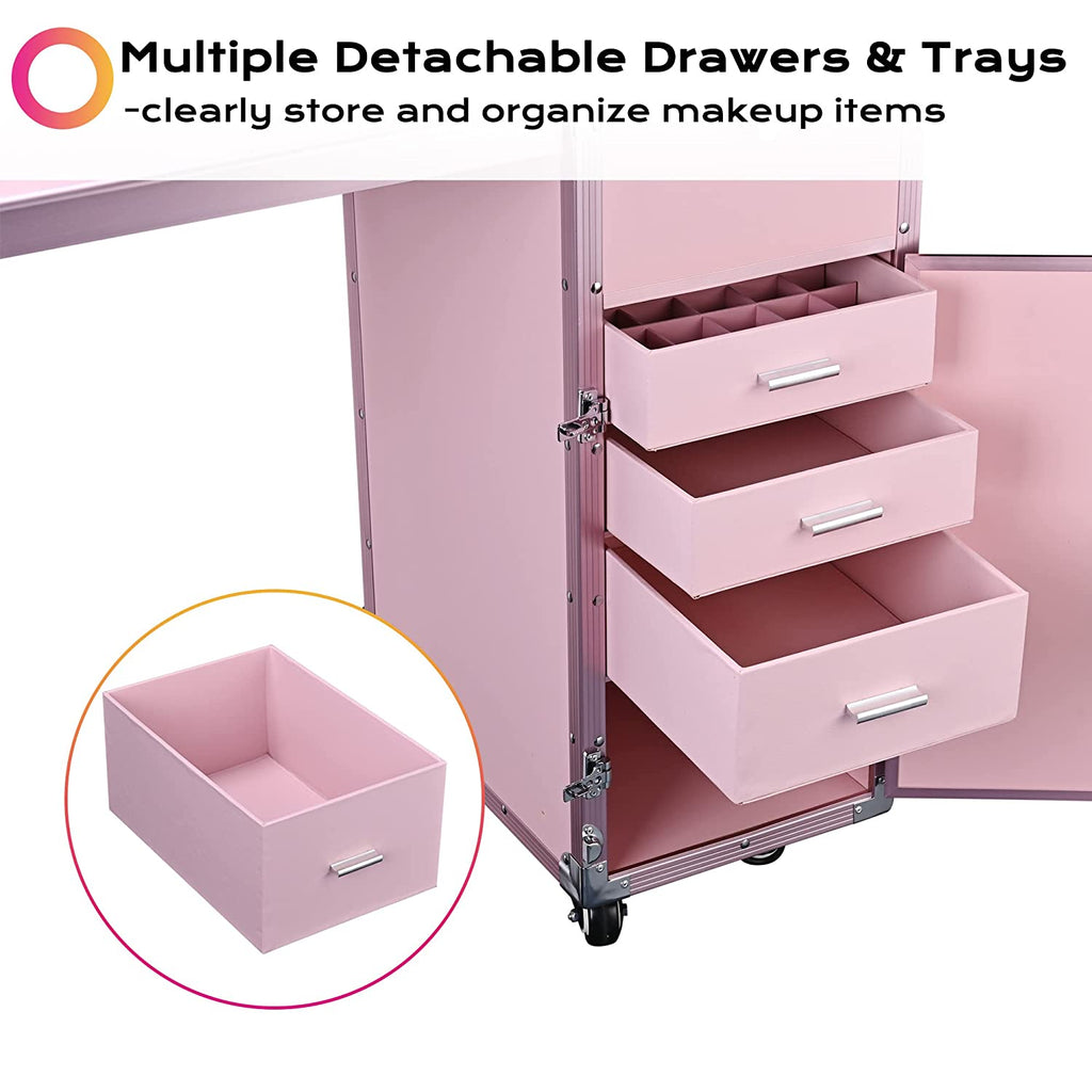 Byootique Portable Nail Desk Makeup Train Case with Mirror, Bluetooth Speaker, Lockable Drawers, Pink