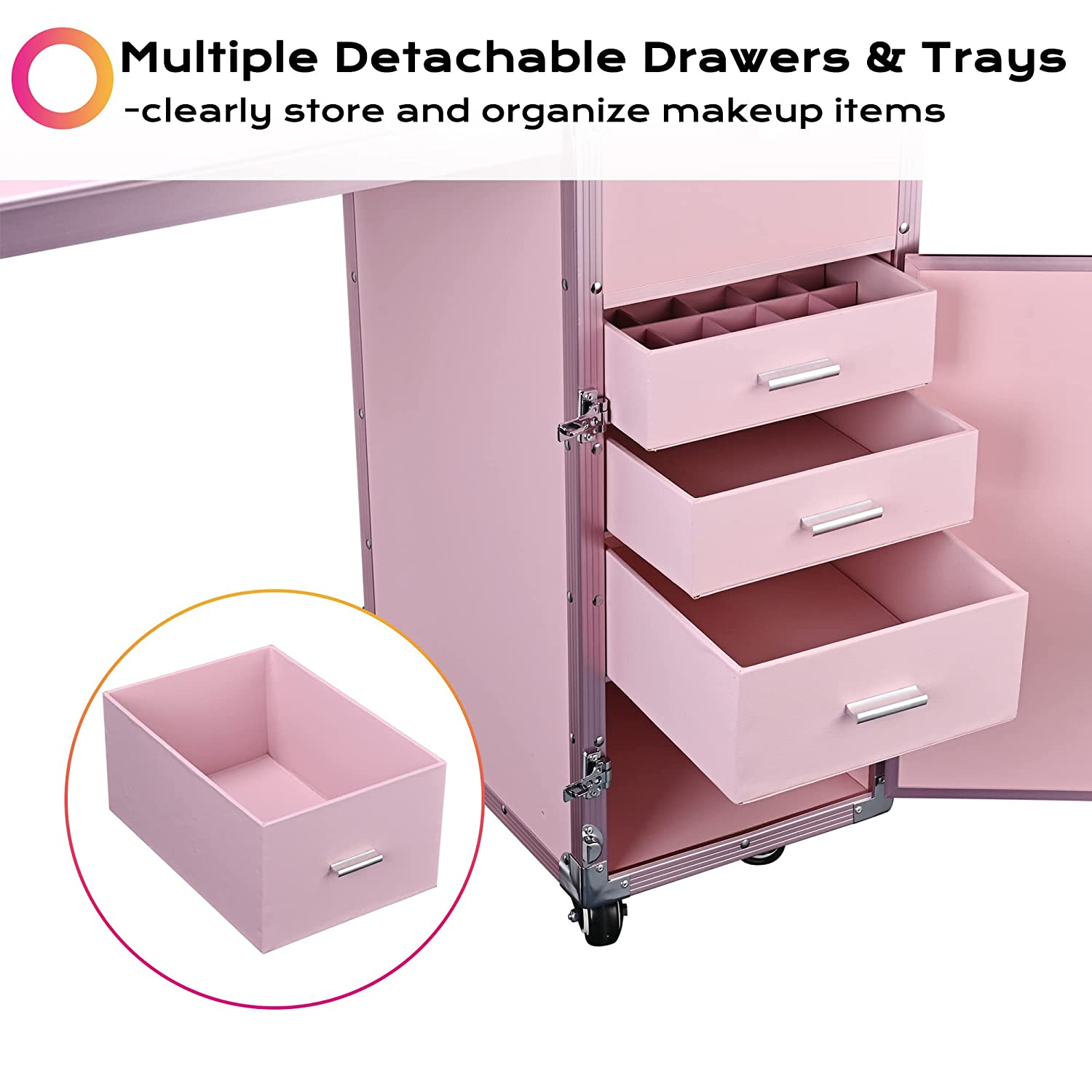 Byootique Portable Nail Desk Makeup Train Case with Mirror, Bluetooth Speaker, Lockable Drawers, Pink