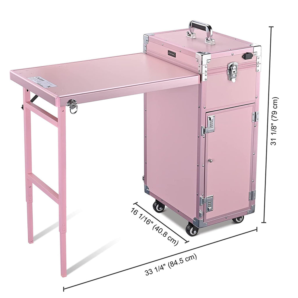 Byootique Portable Nail Desk Makeup Train Case with Mirror, Bluetooth Speaker, Lockable Drawers, Pink