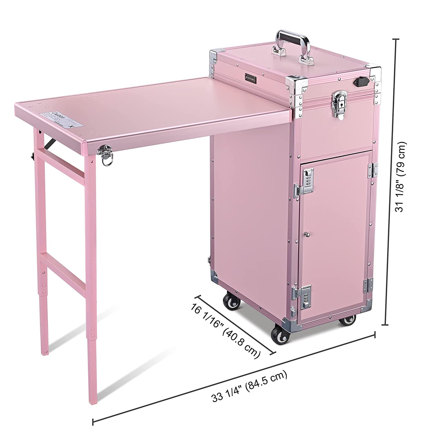 Byootique Portable Nail Desk Makeup Train Case with Mirror, Bluetooth Speaker, Lockable Drawers, Pink