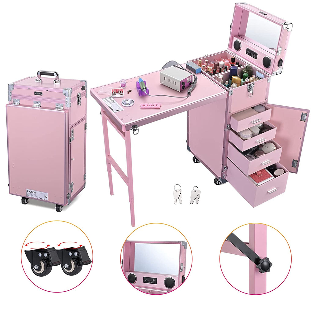Byootique Portable Nail Desk Makeup Train Case with Mirror, Bluetooth Speaker, Lockable Drawers, Pink