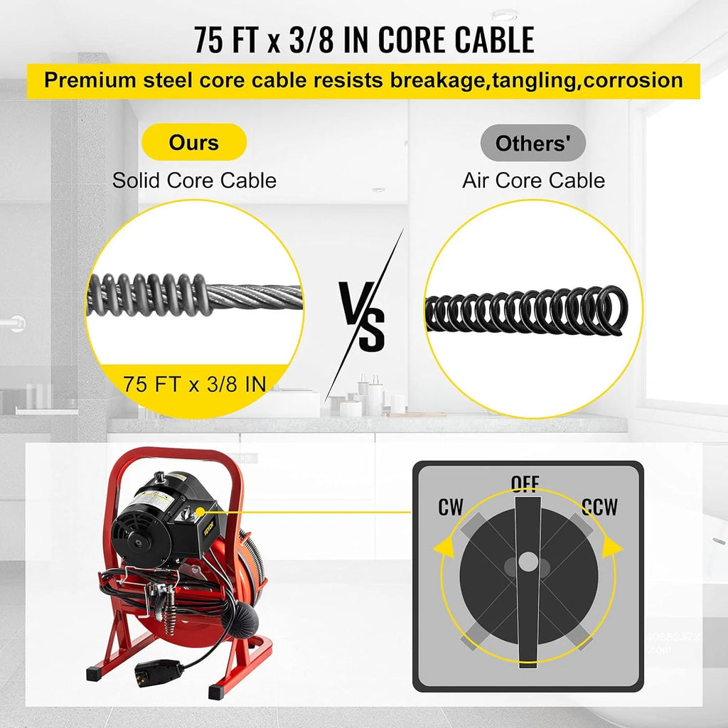 Electric Drain Cleaner Machine by [Brand], 75 Ft x 3/8 Inch, Fits 1-4 Inch Pipes, Portable with 4 Cutters, Powerful Plumbing Tool for Clogs