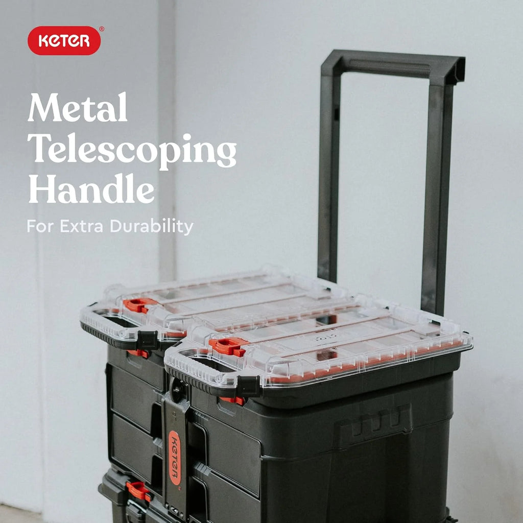 Keter Stack-n-Roll Modular Tools Organizer for Garage Storage and DIY, 3 Piece Resin Rolling Tool Box System for Small Parts