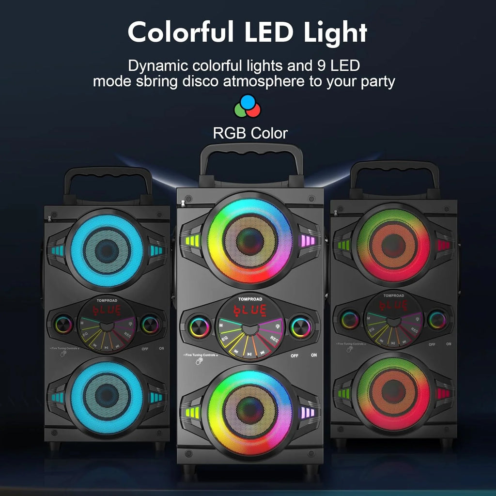 Speakers, 60W Portable Wireless Loud Outdoor Home Party Bluetooth Speaker with Subwoofer, FM Radio, LED Colorful Lights, Microphone, Remote and Big Powerful Stereo Deep Bass Sound Boombox