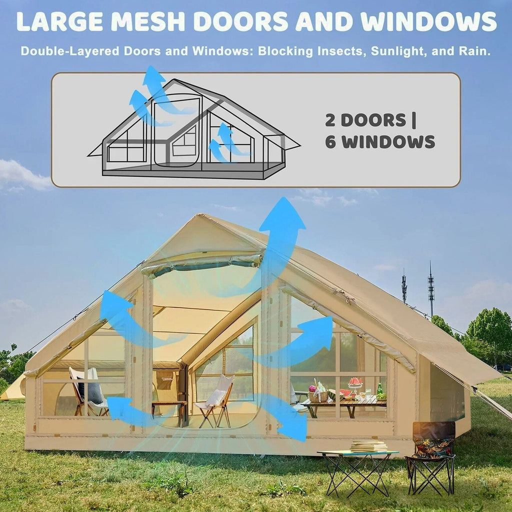 6 Person Inflatable Camping Tent with Pump, 10ft x7ft Glamping Family Tent Easy Setup 4 Season Waterproof Windproof Outdoor Blow Up Tent Luxury Oxford Cabin with Mesh Windows &amp; Doors sgtnighsdesigns