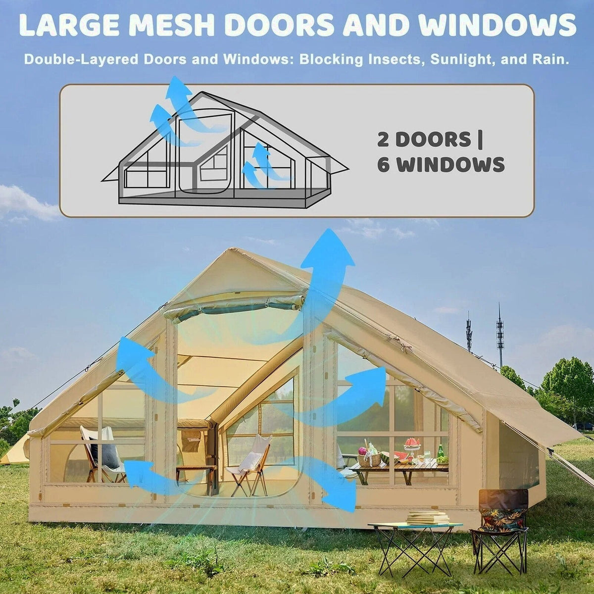 6 Person Inflatable Camping Tent with Pump, 10ft x7ft Glamping Family Tent Easy Setup 4 Season Waterproof Windproof Outdoor Blow Up Tent Luxury Oxford Cabin with Mesh Windows &amp; Doors sgtnighsdesigns