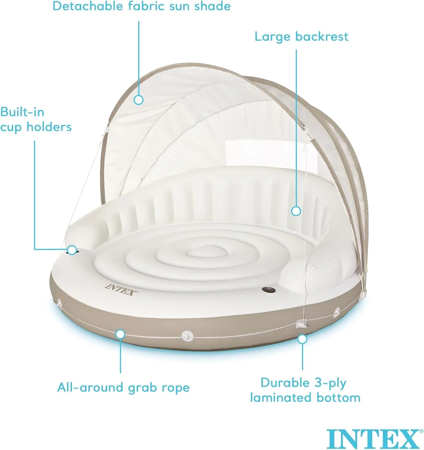 58292EP Canopy Island Inflatable Pool Float: Comfortable Lounge Surface Built-in Cup Holders Detachable Sunshade 440lb Max Weight Capacity 78.5" x 59"