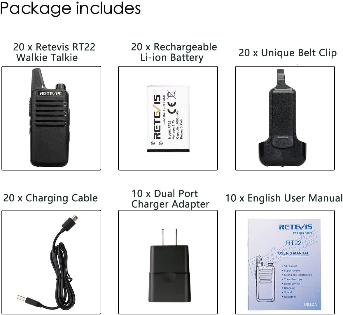 Talkies Mini, Rechargeable Two Way Radio Long Range, 2 Way Radio Small, Portable VOX, for Business Commercial Work School Church Restaurant (20 Pack,Black)