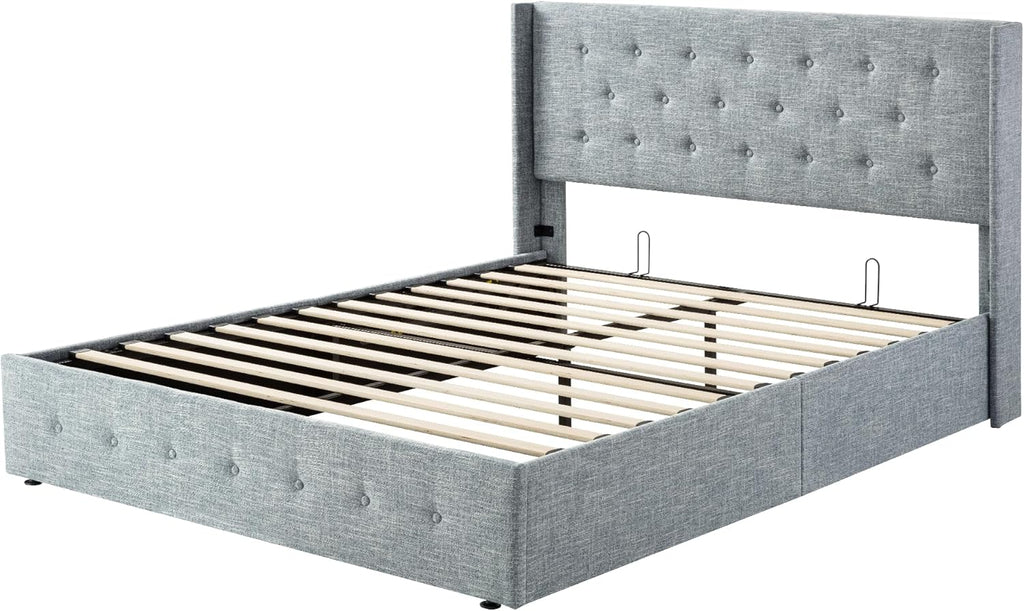 Allewie Queen Size Lift Up Storage Bed, Modern Wingback Headboard, Hydraulic Support, No Box Spring Needed, Light Beige