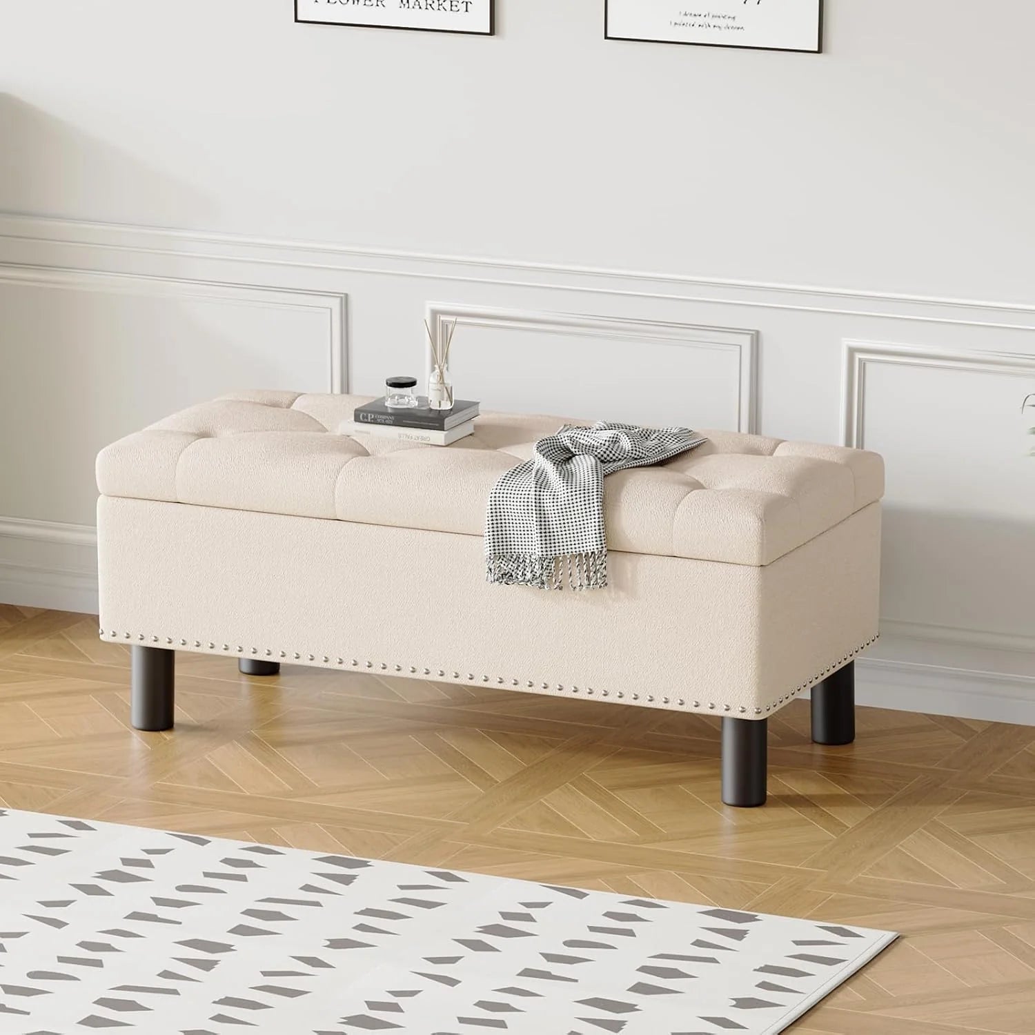 Furniliving Modern Storage Ottoman Bench, Sherpa Ottoman End of Bed Bench with Solid Wood Legs Upholstered Ottoman Benches with Storage Indoor Bench for Living Room with Rolled Arm, Entryway, White