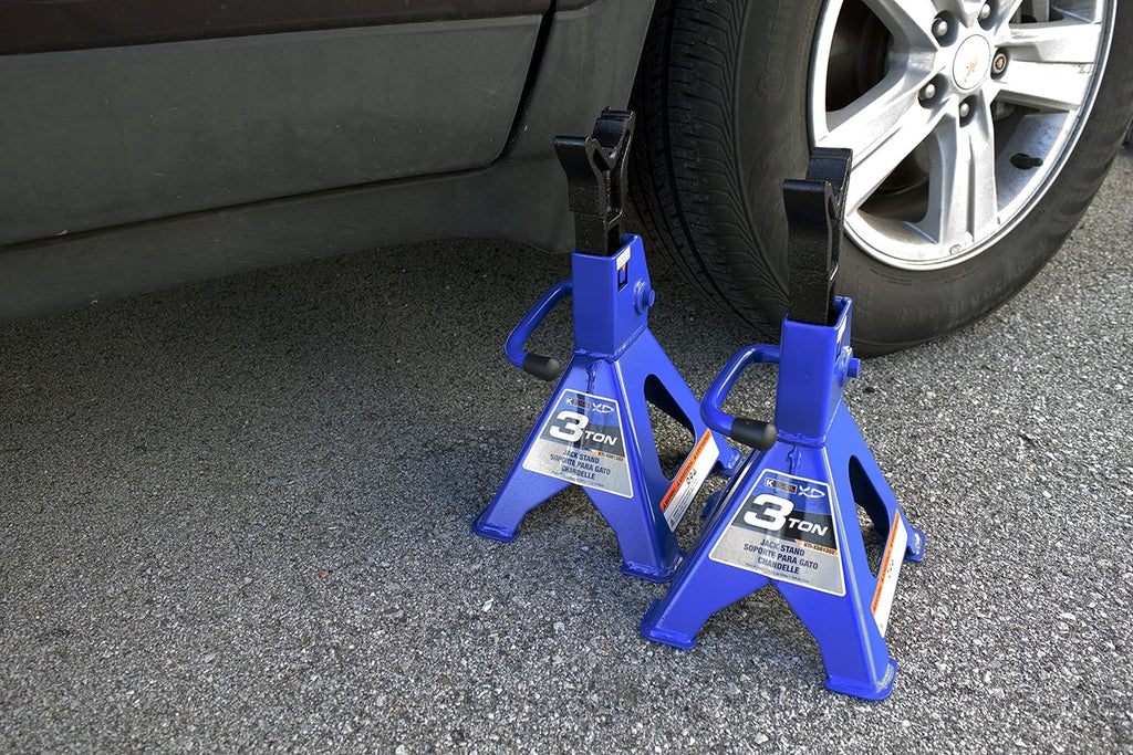 HD61222 22 Ton Automotive Jack Stands for Garages, Repair Shops, and DIY, Pin Style, V Shaped Saddle, Heavy Duty Steel Frame, Adjustable Height 11.825"- 19.725", Black/Blue, Pair