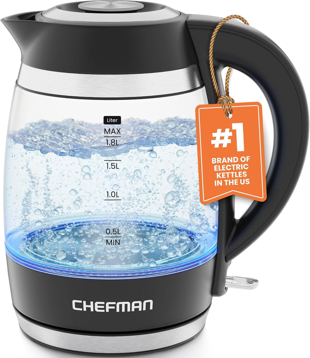 Chefman 1.8L Electric Kettle, 1500W, Borosilicate Glass, Auto Shut Off, Stainless Steel, BPA Free