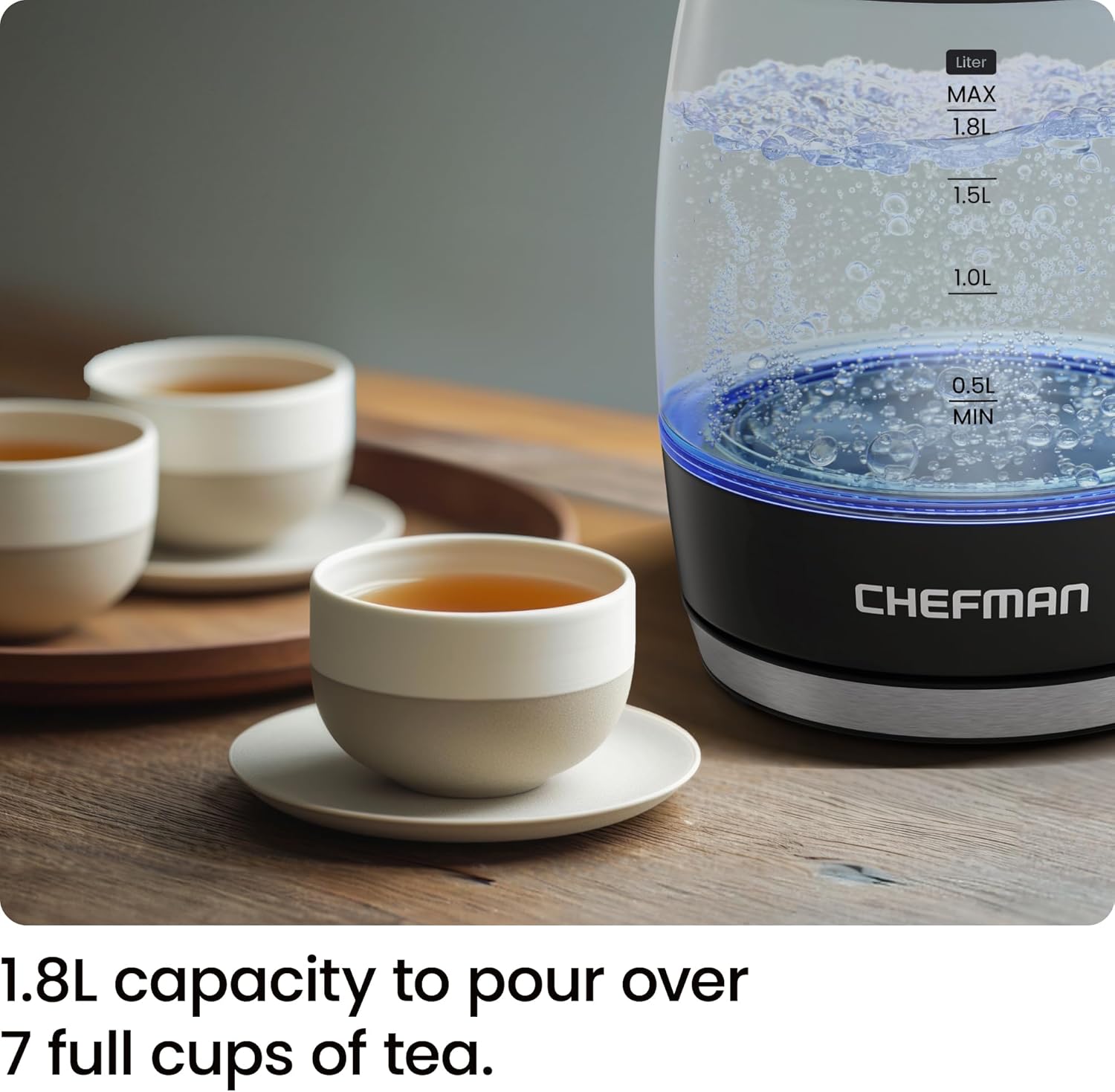 Chefman 1.8L Electric Kettle, 1500W, Borosilicate Glass, Auto Shut Off, Stainless Steel, BPA Free