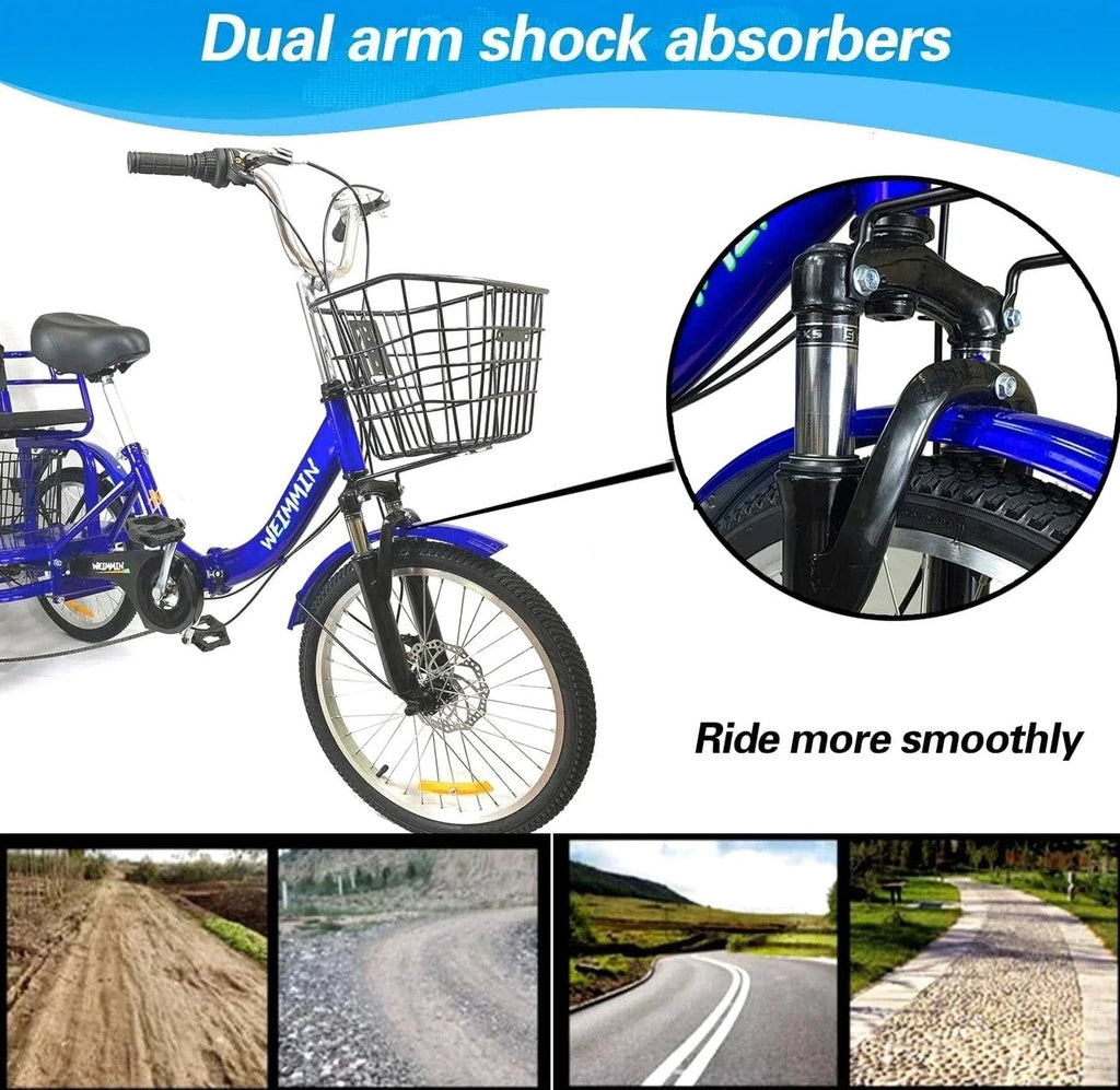 Tricycle 7 Speed, 20 inch 3 Wheel Bikes Folding Tricycle for Adults Star Strip Blue