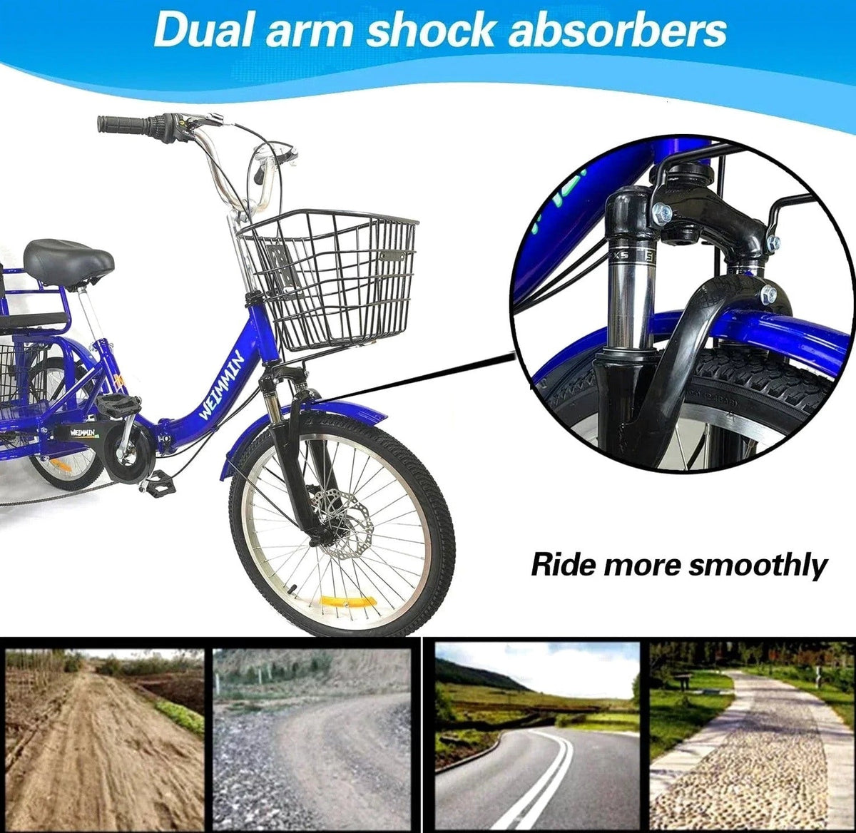 Tricycle 7 Speed, 20 inch 3 Wheel Bikes Folding Tricycle for Adults Star Strip Blue