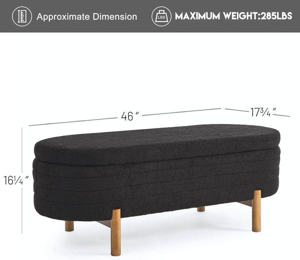 Furniliving Modern Storage Ottoman Bench, Sherpa Ottoman End of Bed Bench with Solid Wood Legs Upholstered Ottoman Benches with Storage Indoor Bench for Living Room with Rolled Arm, Entryway, White