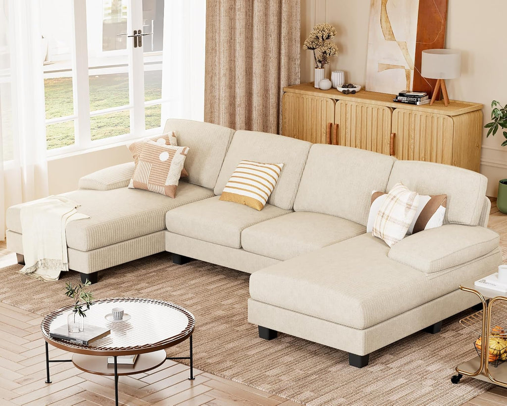 JUMMICO Sectional Couches for Living Room, U Shaped Couch with Chenille Fabric, 4 Seat Modern Sofa with Removable Pillows for Apartment and Small Space (Fabric, Grey)