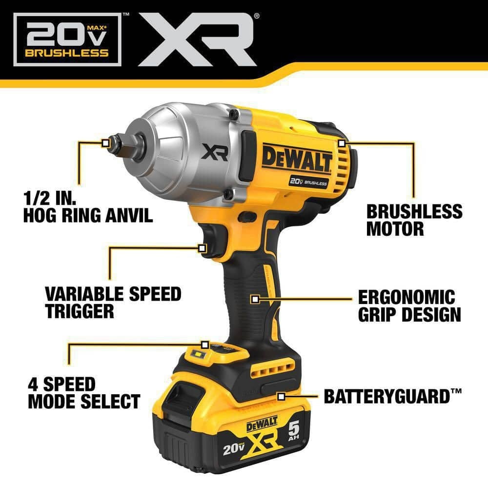 DEWALT 20V MAX XR 1/2" Cordless Impact Wrench Kit, High Torque, LED, Battery & Charger Included