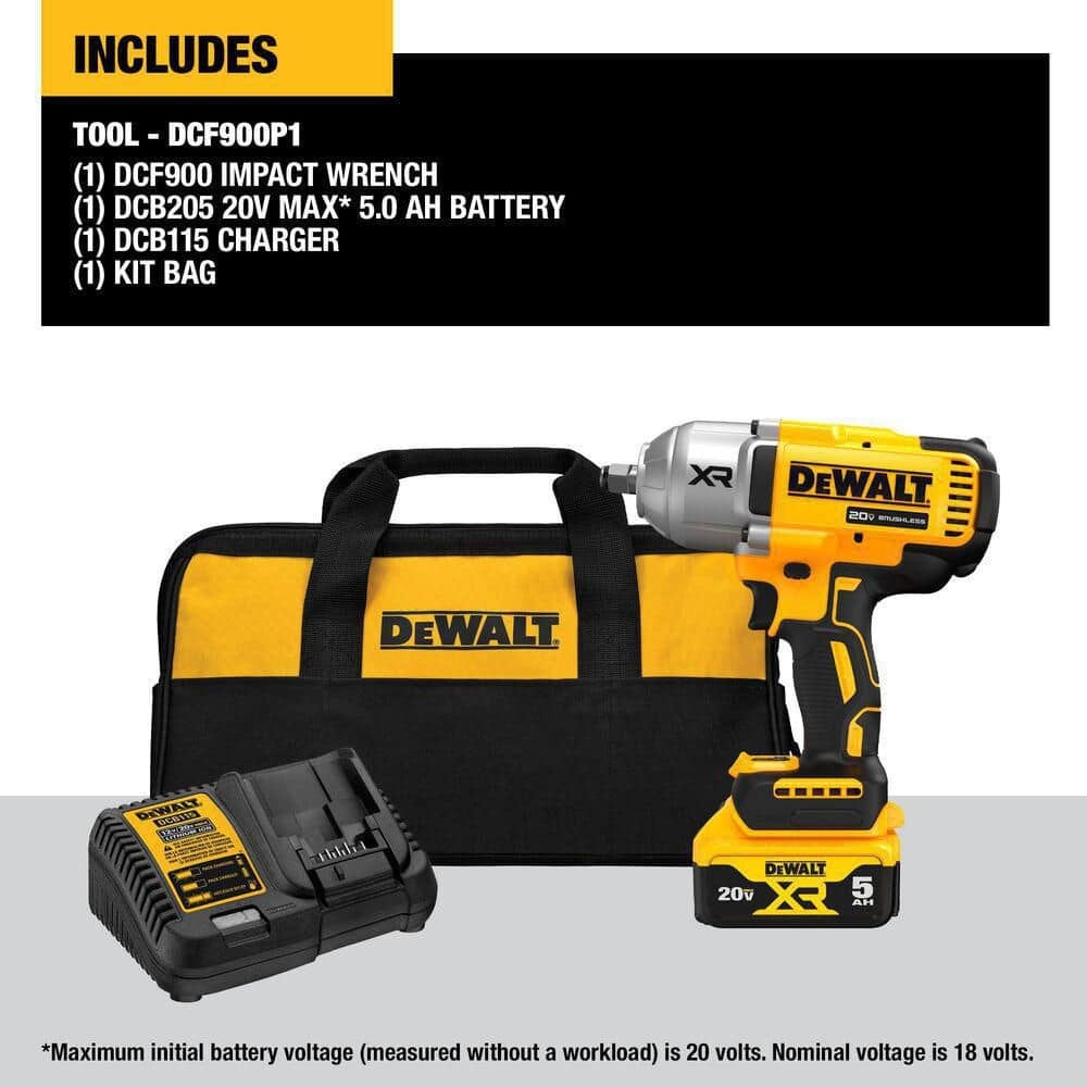 DEWALT 20V MAX XR 1/2" Cordless Impact Wrench Kit, High Torque, LED, Battery & Charger Included