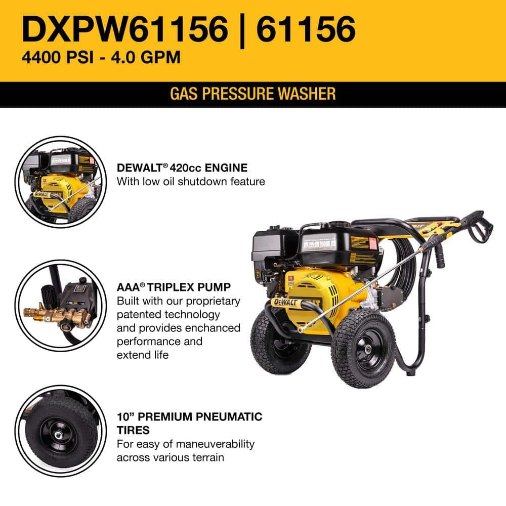 DEWALT 4400 PSI Gas Pressure Washer, 4.0 GPM, 420cc Engine, Heavy-Duty Frame, 50 ft. Hose, 5 Nozzles