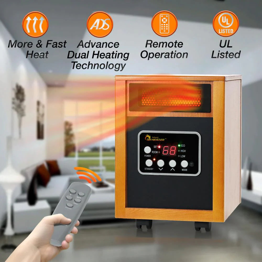 Dr. Infrared Heater 1500W Quartz Indoor Electric Space Heater with Thermostat & Remote