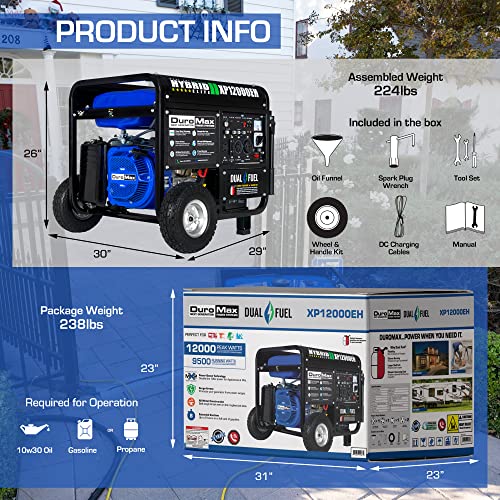 DuroMax XP12000EH Dual Fuel Generator - 12000W Gas/Propane, 457cc OHV Engine, Home Backup Power