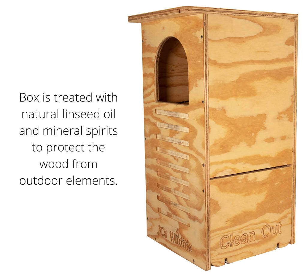 JCs Wildlife Barred Owl Nesting Box – Treated Exterior Grade Plywood – Mounting Hardware and Pine Shavings Included – Dedicated Clean Out Door for Easy Cleaning – Made in The USA